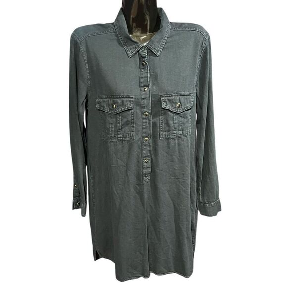 GAP Black Wash Denim Ling Sleeve Snap Button Front Cotton Dress Front & Side Poc - Picture 1 of 6